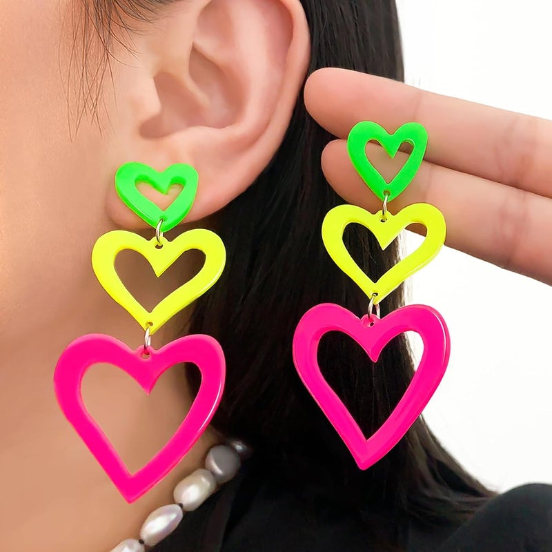 HOLYRY Neon Heart Earrings for Women Acrylic Neon Earrings 80s 90s Outfit for Women Glow Party Accessories Gifts Hot Pink Orange Green Yellow - Image 2